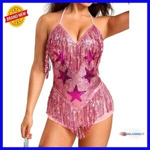 Sequin Fringe Romper Deep V Backless Rave Outfit Women's Size M